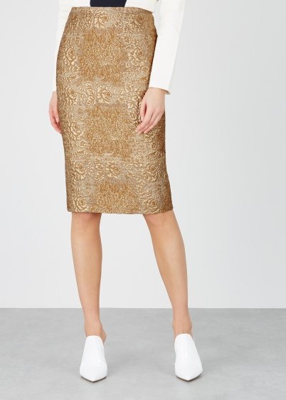 VALENTINO Gold floral-brocade pencil skirt / luxury metallic thread skirts - flipped