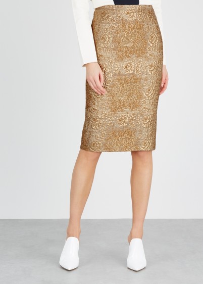 VALENTINO Gold floral-brocade pencil skirt / luxury metallic thread skirts