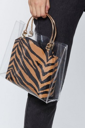 NASTY GAL Clear Goals Tiger Bag in Tan – brown animal print bags - flipped