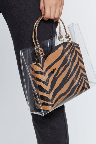 NASTY GAL Clear Goals Tiger Bag in Tan – brown animal print bags