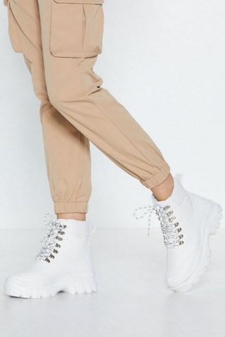 NASTY GAL what a Chunk Hiker Boot in White – cleated chunky soled boots - flipped