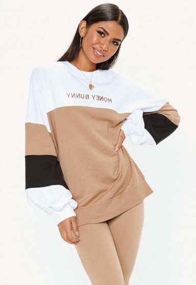 MISSGUIDED white colour block honey bunny sweatshirt – shades of brown fashion - flipped