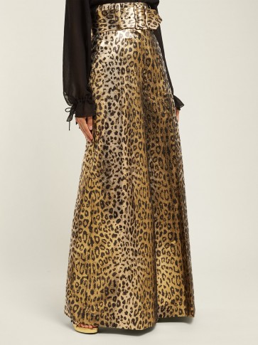 SARA BATTAGLIA Wide-leg leopard-lamé trousers in gold ~ glamorous style statement