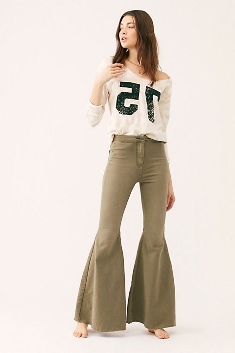 We The Free Just Float On Flare Jeans in Army | extreme khaki denim flares - flipped