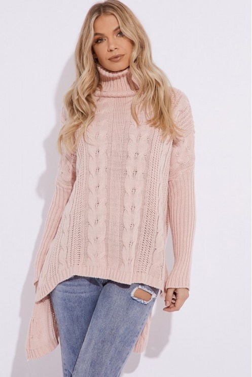 IN THE STYLE ABILYNE PINK CABLE KNIT OVERSIZED JUMPER ~ slouchy high neck sweater ~ casual weekend look - flipped