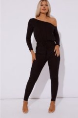 IN THE STYLE ALEAHA BLACK RIBBED OFF SHOULDER JUMPSUIT – EVENING GLAMOUR