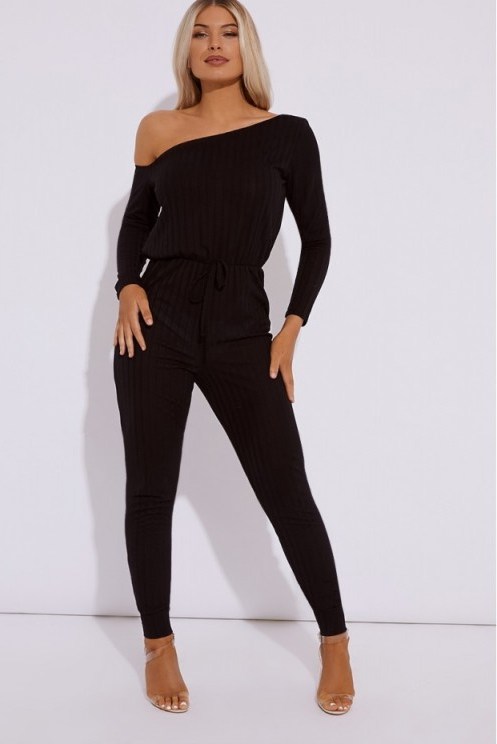 IN THE STYLE ALEAHA BLACK RIBBED OFF SHOULDER JUMPSUIT – EVENING GLAMOUR - flipped