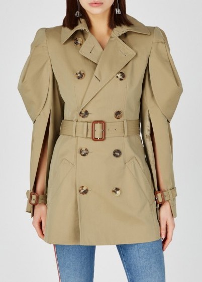 ALEXANDER MCQUEEN Taupe cape-back gabardine trench coat ~ feminine structured coats - flipped