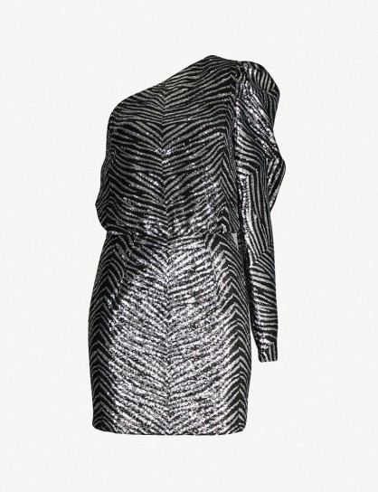 ALEXANDRE VAUTHIER Striped sequinned mini dress in silver. DESIGNER ONE SLEEVE PARTY FASHION