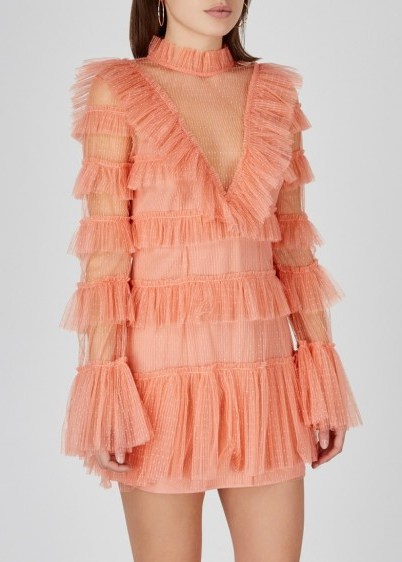 ALICE MCCALL Zen ruffle-trimmed mesh mini dress – feminine occasion dresses – semi-sheer fabrics - flipped