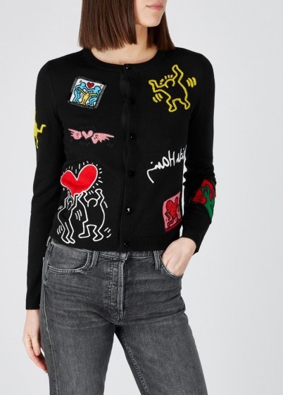 ALICE + OLIVIA Keith Haring X AO Ruthy black wool-blend cardigan ~ embroidered and embellished cardigans ~ modern-classics - flipped