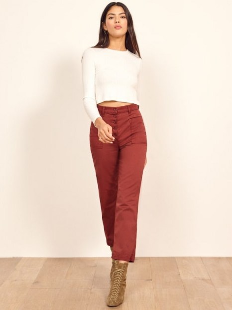 Reformation Alicia Pant in Rust | cropped button fly pants - flipped