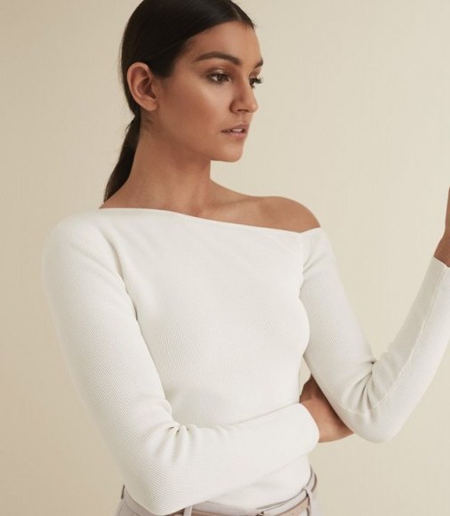 REISS ANISA KNITTED ASYMMETRIC NECKLINE TOP WHITE ~ chic one shoulder tops - flipped