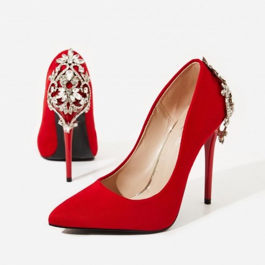 EGO Aries Jewel Embellished Court Heel In Red Faux Suede | party heels - flipped