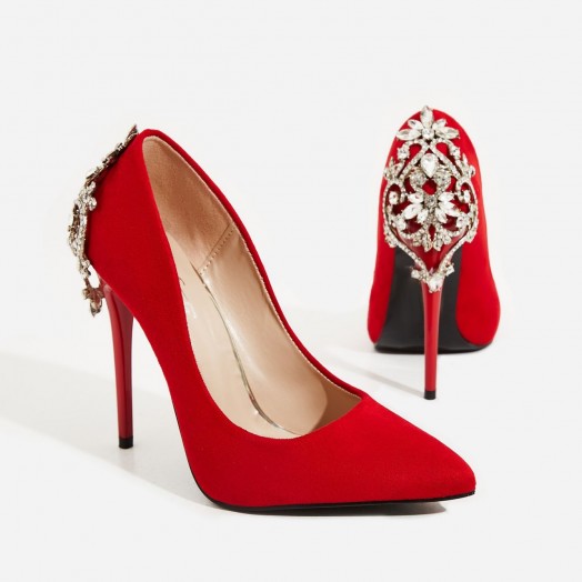 EGO Aries Jewel Embellished Court Heel In Red Faux Suede | party heels