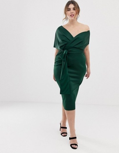 ASOS DESIGN Curve off shoulder wrap midi dress with tie detail in bottle green | plus size party dresses - flipped