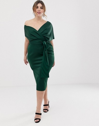 ASOS DESIGN Curve off shoulder wrap midi dress with tie detail in bottle green | plus size party dresses