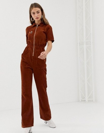ASOS DESIGN cord 70s boilersuit with flare in chocolate-brown – retro corduroy fashion - flipped