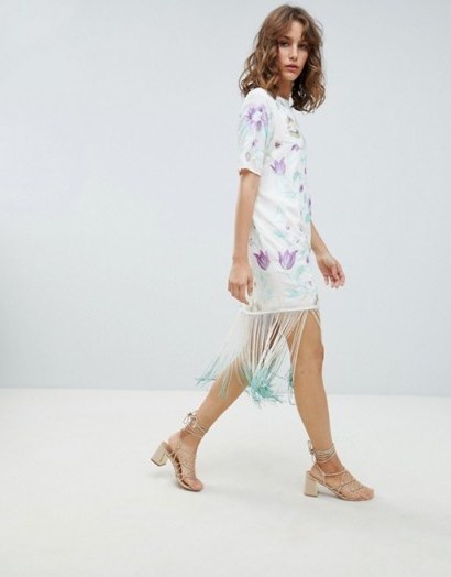 ASOS DESIGN Embroidered Midi Dress With Tie Dye Fringe in floral embroidery - flipped