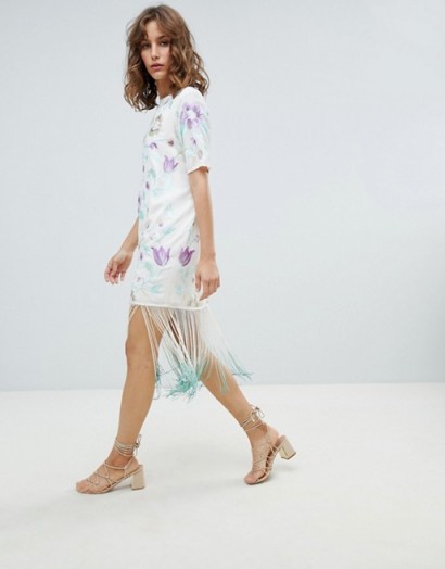ASOS DESIGN Embroidered Midi Dress With Tie Dye Fringe in floral embroidery