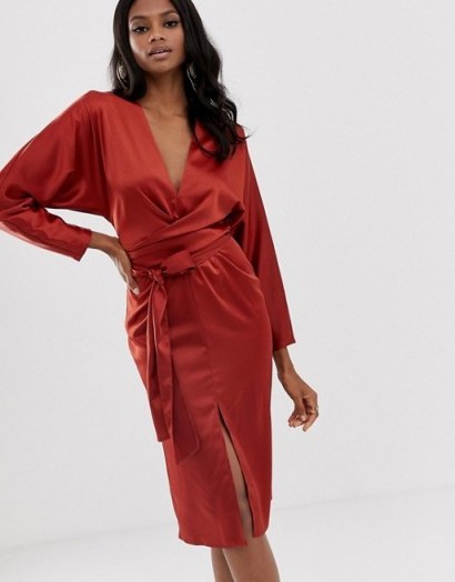 ASOS DESIGN midi dress with batwing sleeve and wrap waist in satin in rust | plunge front occasion dresses - flipped