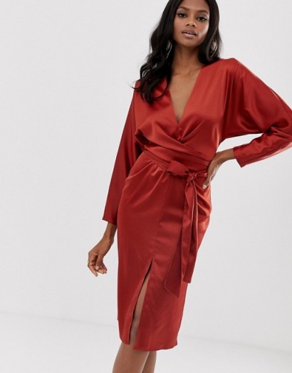 ASOS DESIGN midi dress with batwing sleeve and wrap waist in satin in rust | plunge front occasion dresses