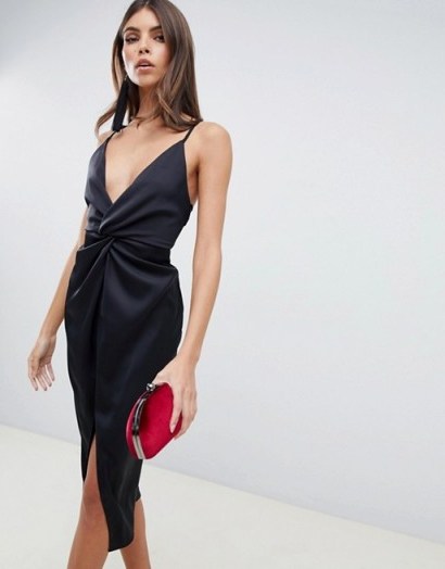 ASOS DESIGN midi strappy cami with knot front plunge in satin in black | glamorous plunging part dresses | LBD - flipped