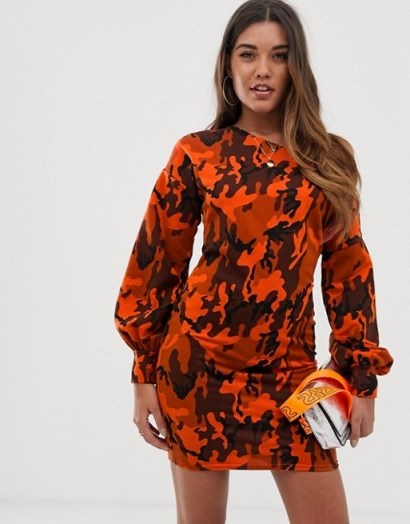 ASOS DESIGN off shoulder sweat dress with bell sleeve in orange camo print / bright camouflage prints - flipped