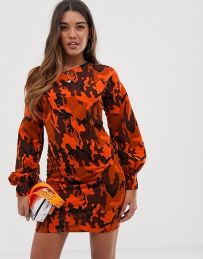 ASOS DESIGN off shoulder sweat dress with bell sleeve in orange camo print / bright camouflage prints