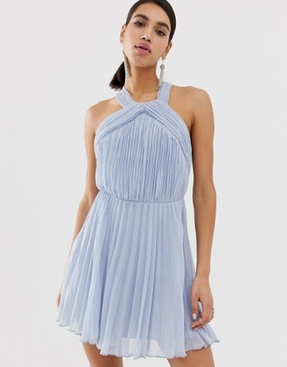 ASOS DESIGN pleated bodice halter mini dress in pale-blue - flipped