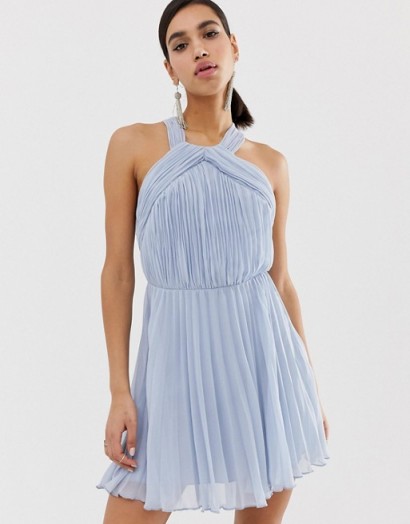 ASOS DESIGN pleated bodice halter mini dress in pale-blue