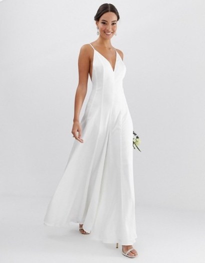 ASOS EDITION Plunge Cami Wide Leg Wedding Jumpsuit in Satin ivory – alternative bridal wear - flipped