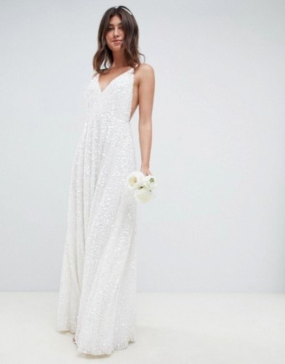 ASOS EDITION sequin cami wedding dress in white | strappy plunge front bridal gown - flipped