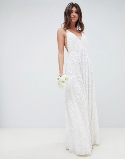 ASOS EDITION sequin cami wedding dress in white | strappy plunge front bridal gown