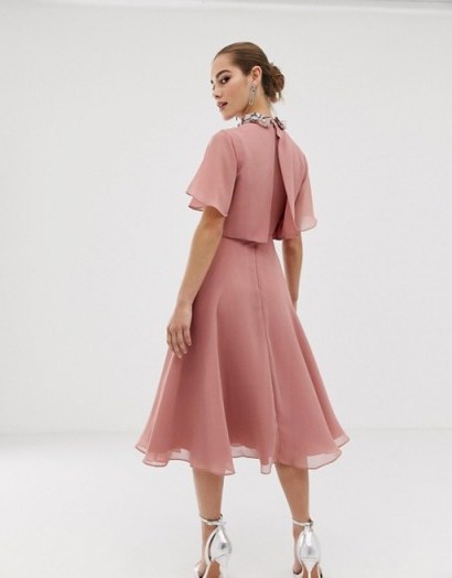 ASOS DESIGN Petite midi dress with crop top and 3D embellished collar in rose-pink - flipped