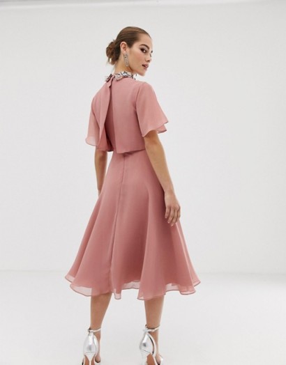 ASOS DESIGN Petite midi dress with crop top and 3D embellished collar in rose-pink