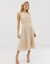 ASOS DESIGN Petite pleated bodice halter midi dress in soft blush | feminine style party dresses