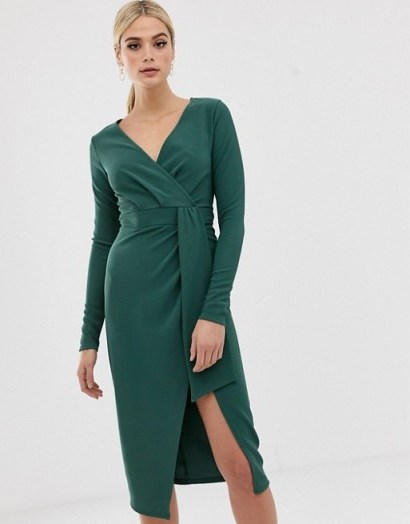 ASOS DESIGN Tall long sleeve wrap midi dress with belt detail in khaki | green front split bodycon - flipped
