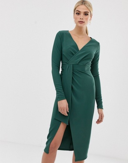 ASOS DESIGN Tall long sleeve wrap midi dress with belt detail in khaki | green front split bodycon