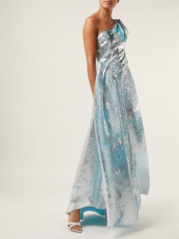 HALPERN Asymmetric metallic-silver plissé gown ~ blue chiffon underlay gowns - flipped