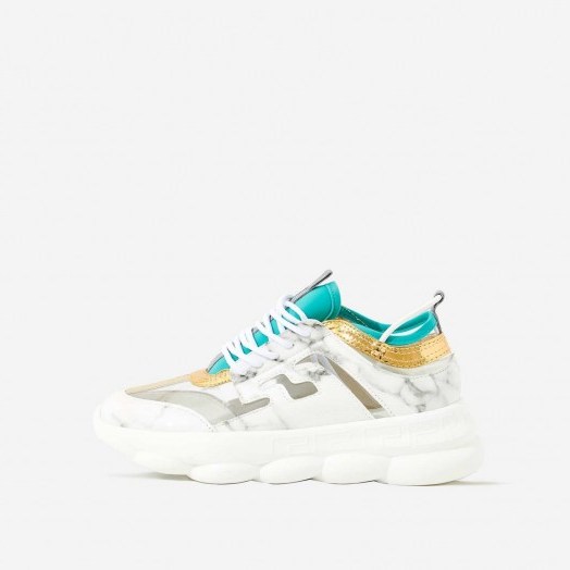 EGO Athena Chunky Sole Trainer In White Marble Print | sports luxe shoes - flipped
