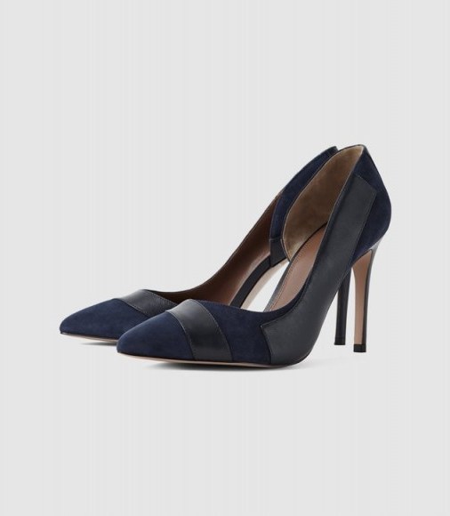 REISS AUGUSTA POINT TOE COURT SHOES NAVY ~ blue suede and smooth leather courts - flipped