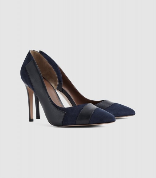 REISS AUGUSTA POINT TOE COURT SHOES NAVY ~ blue suede and smooth leather courts