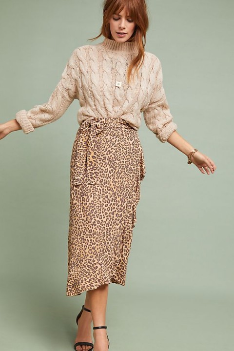 Faithfull Celeste Printed-Wrap Skirt in Brown Motif | leopard print skirts
