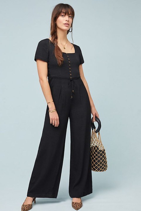Maeve Shelby Jumpsuit in Black | side corset style ties - flipped