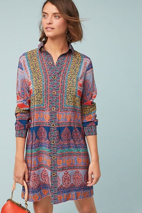 Maeve Casablanca Silk Shirtdress | luxe multi-print shirt dress - flipped
