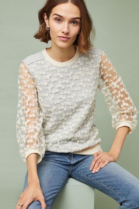 Amadi Daisy Lace Sweater in Neutral | sheer sleeved floral top | feminine fashion - flipped