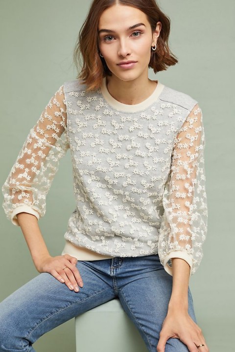 Amadi Daisy Lace Sweater in Neutral | sheer sleeved floral top | feminine fashion