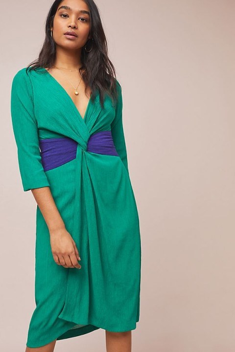 Moulinette Soeurs Sorley Twist-Front Dress in Green | deep V-neckline dresses - flipped