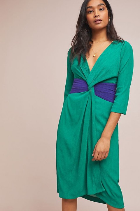 Moulinette Soeurs Sorley Twist-Front Dress in Green | deep V-neckline dresses